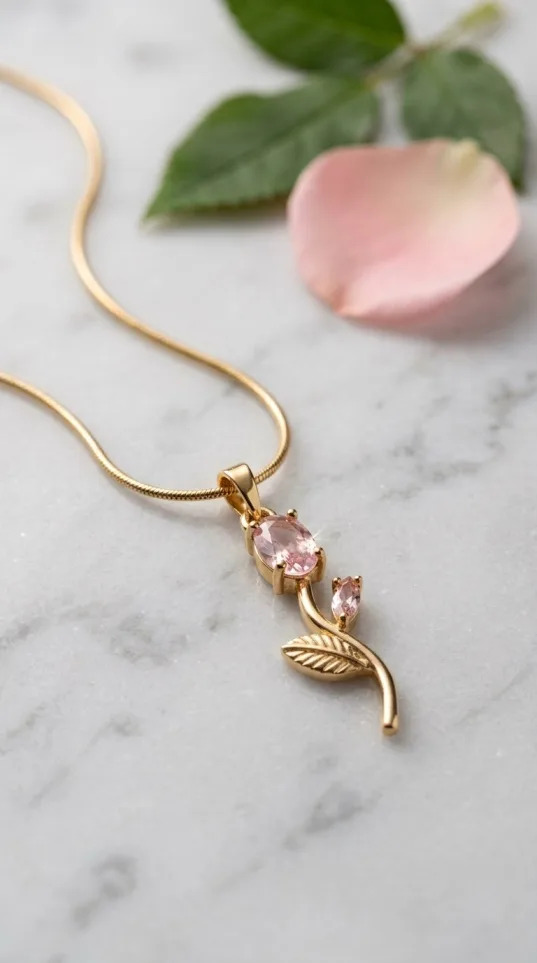 Gold branch pendant necklace with pink crystal accents