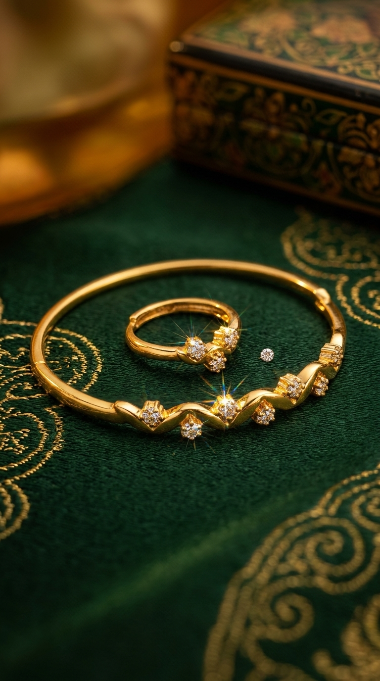 Gold Wavy Pavé Crystal Bangle and Ring Set - Thumbnail 2