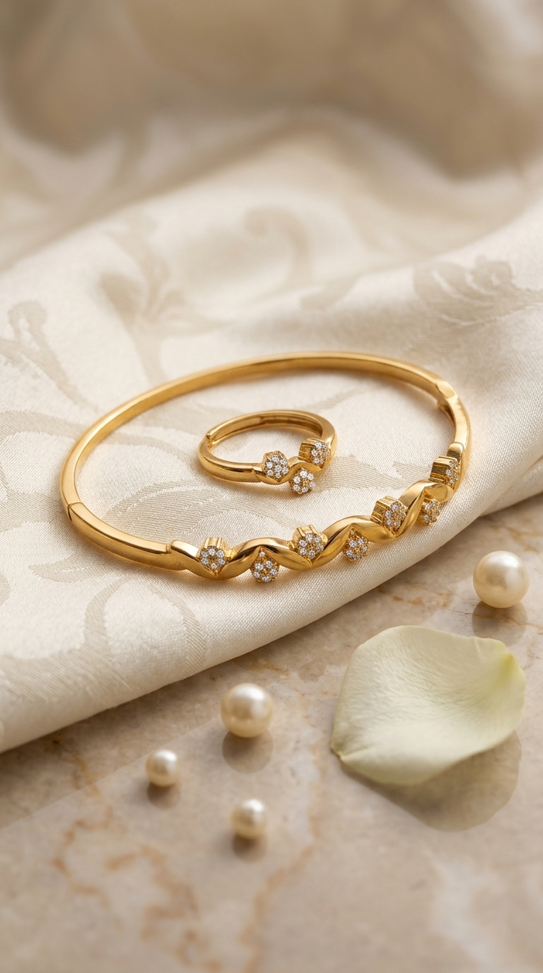 Gold wavy pavé crystal bangle and ring set with S-curve design on fabric