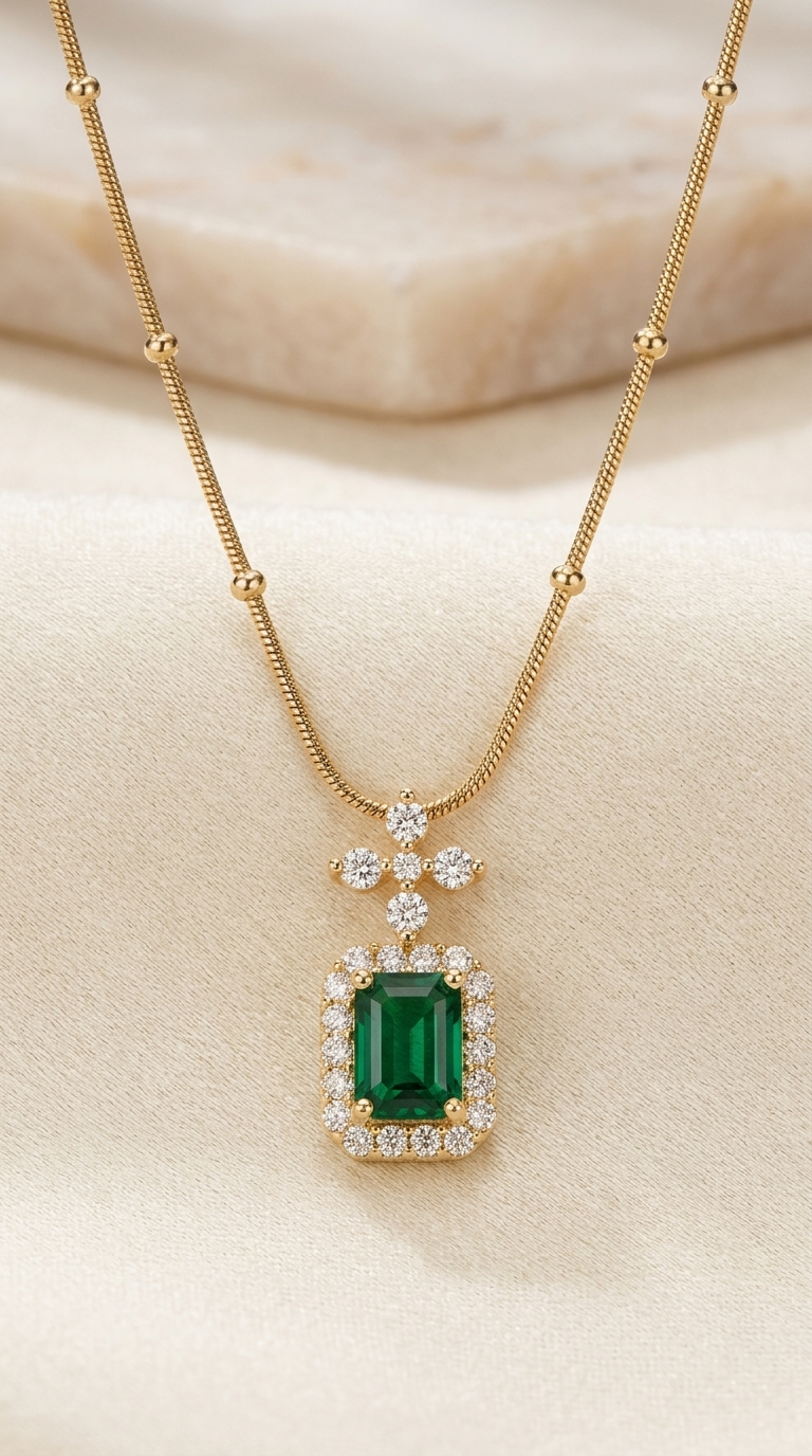 Gold Emerald Pendant Necklace with Cubic Zirconia Halo - Thumbnail 2