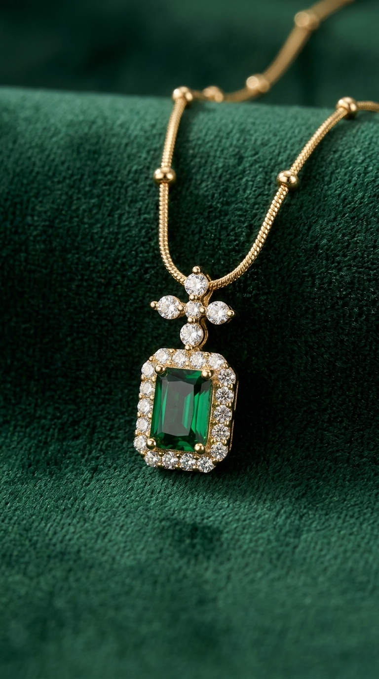 Gold pendant necklace with emerald-cut green crystal and cubic zirconia halo