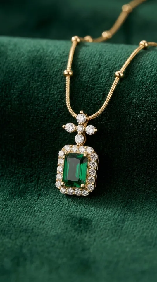 Gold pendant necklace with emerald-cut green crystal and cubic zirconia halo