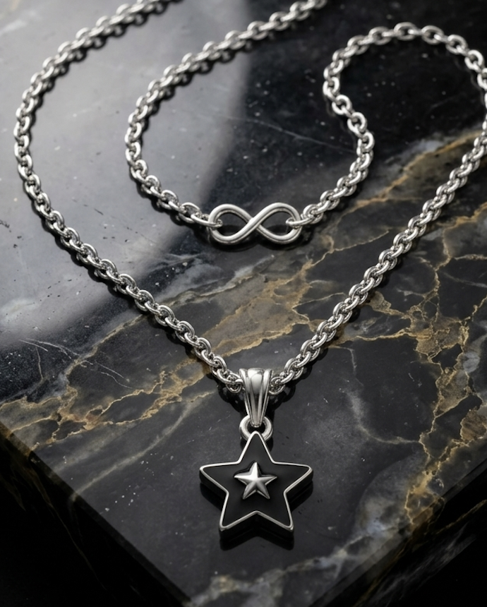 Black Star Pendant Necklace with Silver Star Accent - Thumbnail 2