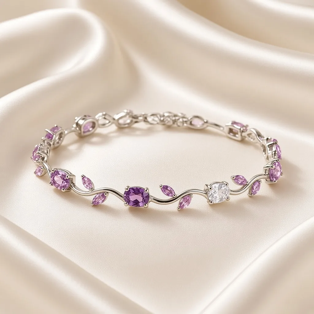 Silver-tone tennis bracelet with pink and purple gemstones in a vine design, worn on wrist