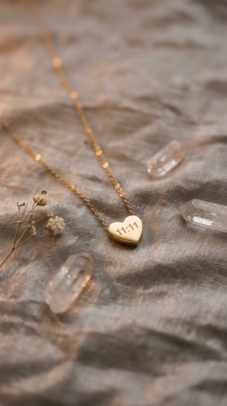 Gold '11:11' Engraved Heart Necklace - Thumbnail 2