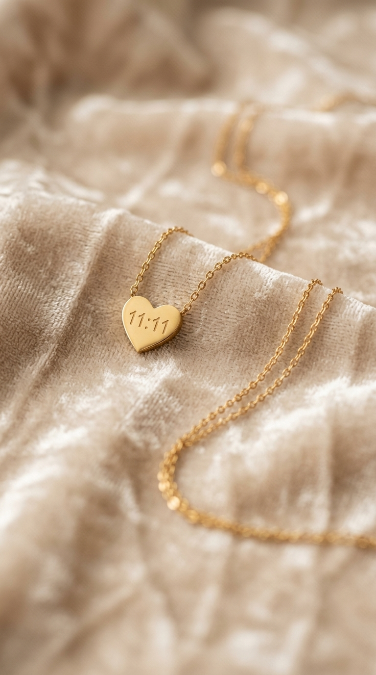 Gold heart-shaped pendant necklace engraved with 11:11 on a fine chain