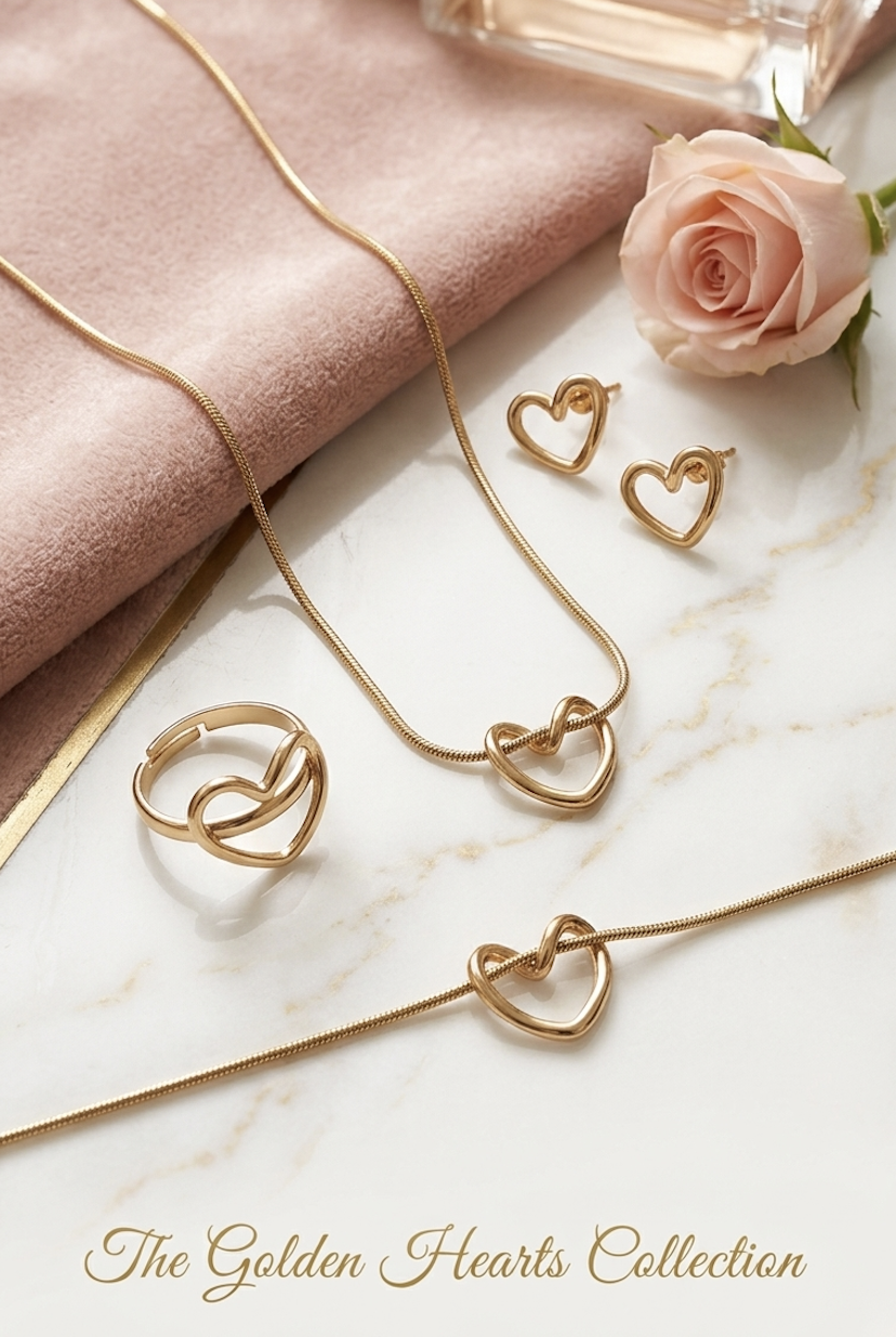 Gold heart knot jewelry set with necklace, earrings, ring, and bracelet