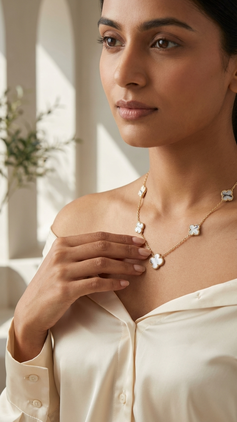 Elegant White Clover Charm Gold Plated Necklace - Additional View 2