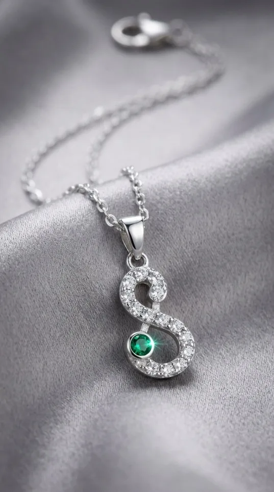 Silver S-shaped pendant necklace with pave crystals and emerald green stone