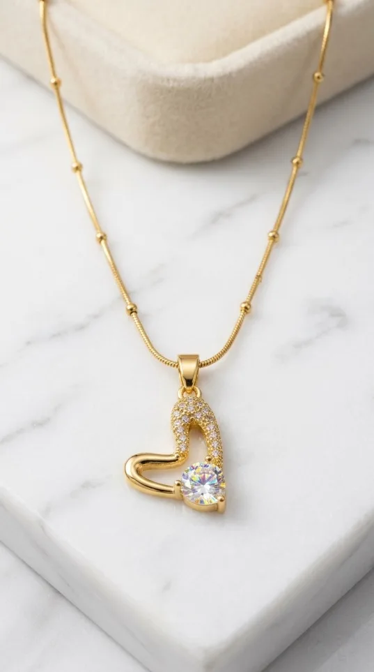 Gold beaded snake chain necklace with cubic zirconia heart pendant