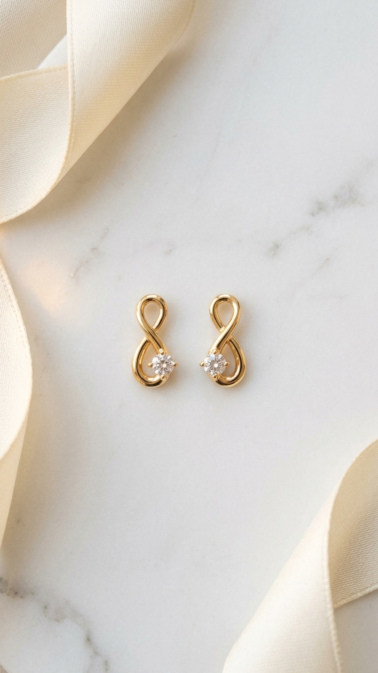 A pair of gold-toned infinity symbol stud earrings, each featuring a single clear sparkling crystal in the lower loop, displayed on a white marble background with ivory ribbon.