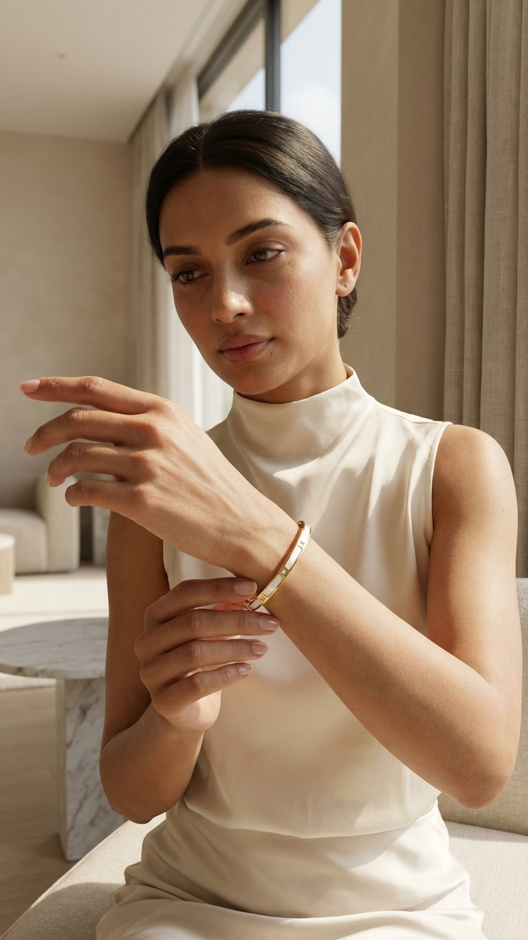 Ivory Inlay & Crystal Gold Bangle - Additional View 2