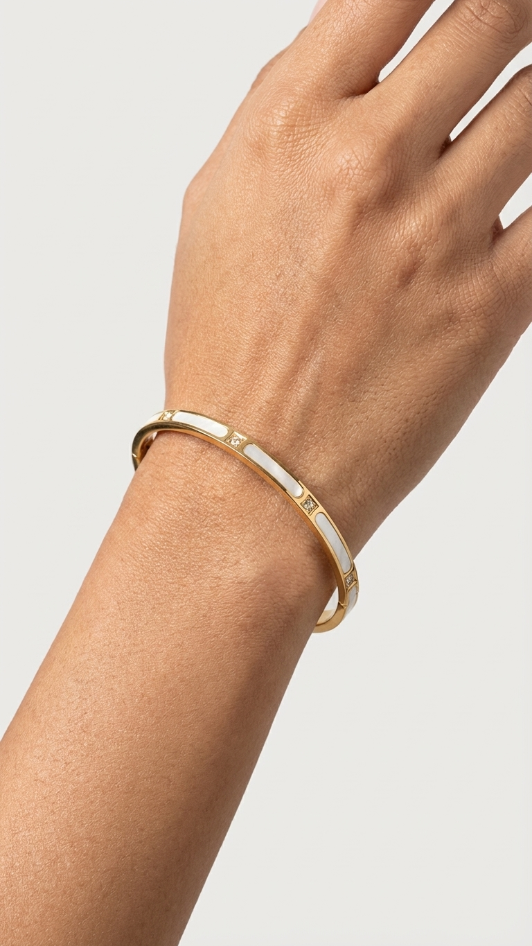 Ivory Inlay & Crystal Gold Bangle - Additional View 3