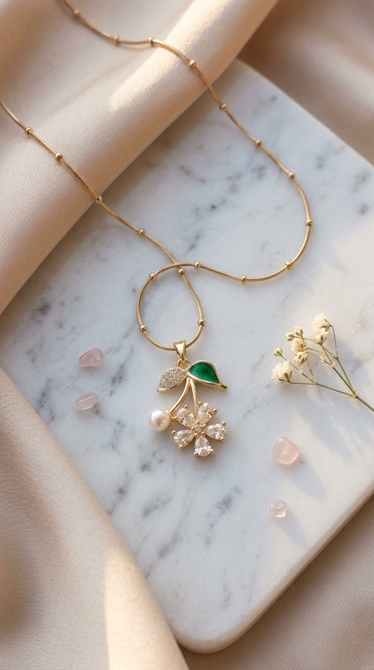 Gold Cherry Blossom & Pearl Charm Pendant Necklace - Thumbnail 2