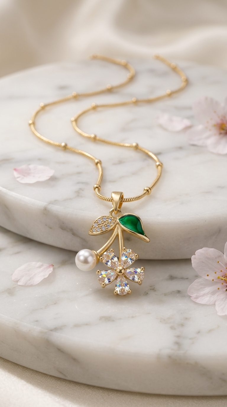 Gold pendant necklace with crystal flower, enamel leaf, and pearl charm