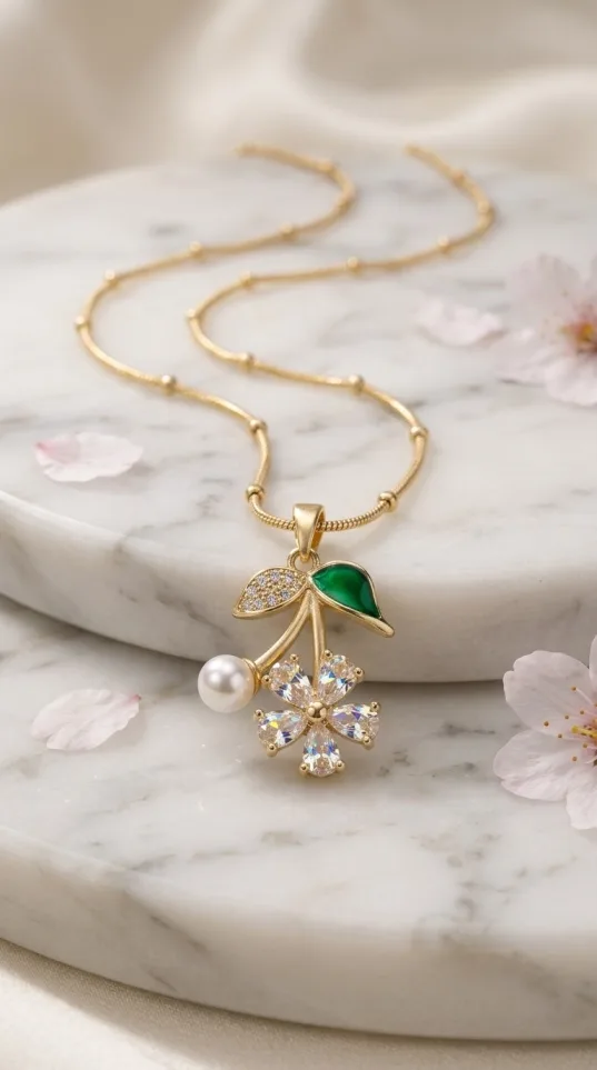 Gold pendant necklace with crystal flower, enamel leaf, and pearl charm