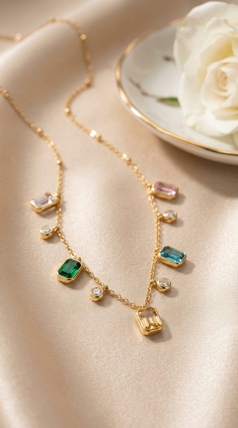 Gold Multi-Gemstone Dangle Necklace - Thumbnail 2