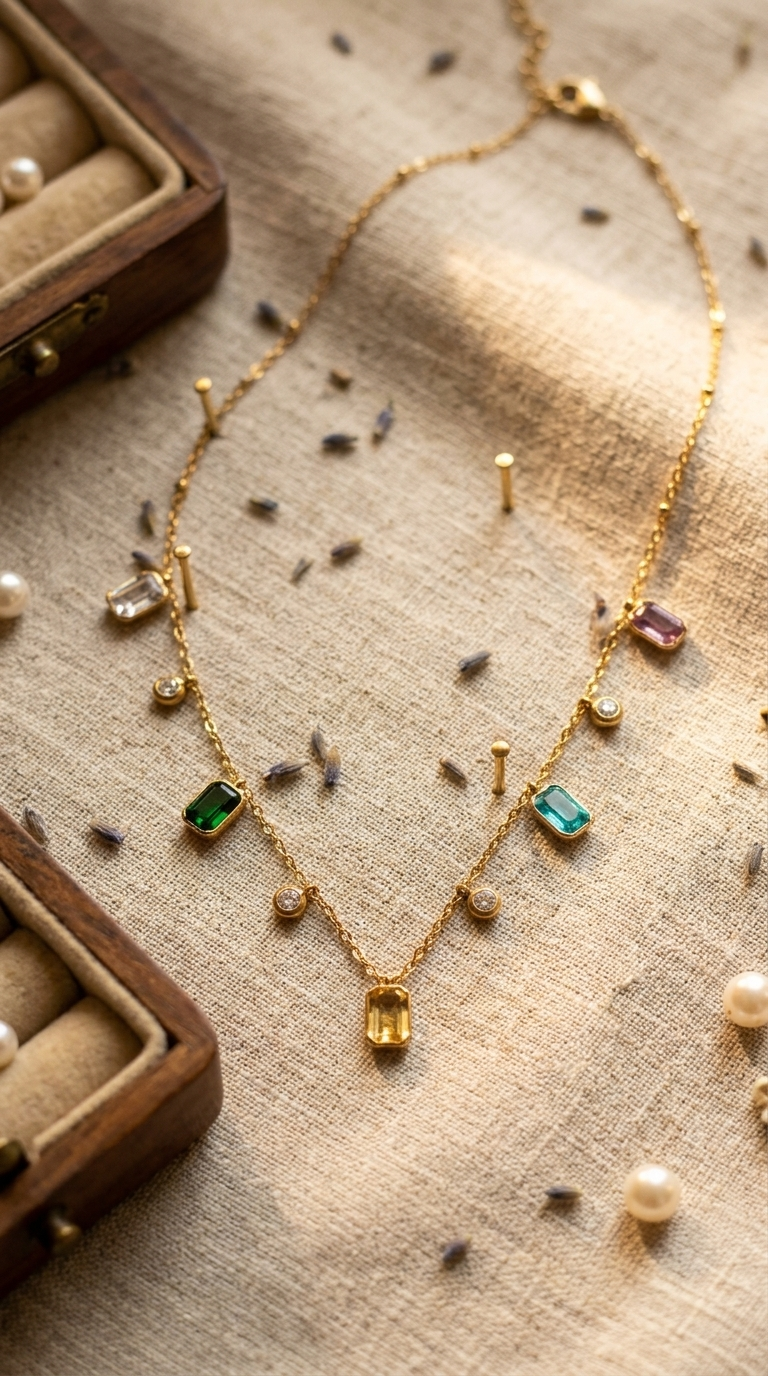 Gold chain necklace with dangling multicolor crystal charms