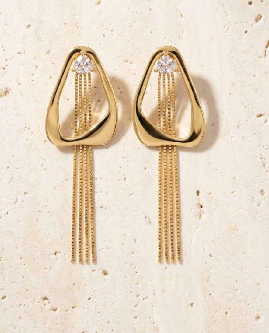 Gold-tone organic hoop drop earrings with CZ stone and cascading chain tassel fringe