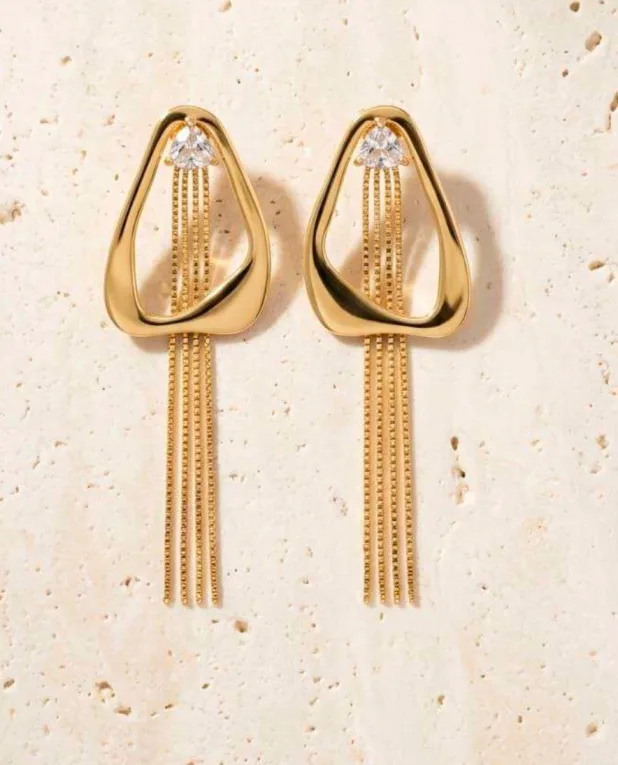 Gold-tone organic hoop drop earrings with CZ stone and cascading chain tassel fringe
