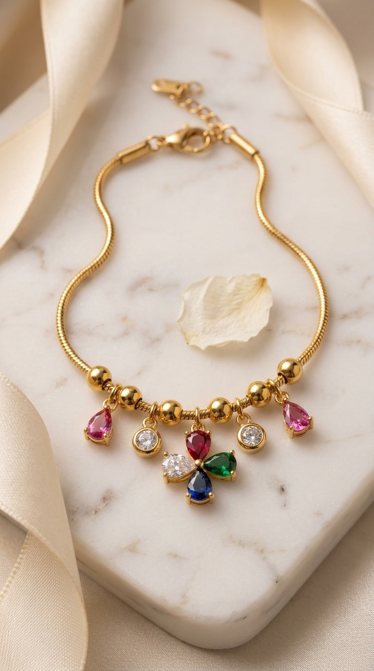 Gold chain bracelet with colorful crystal cross charm and dangles
