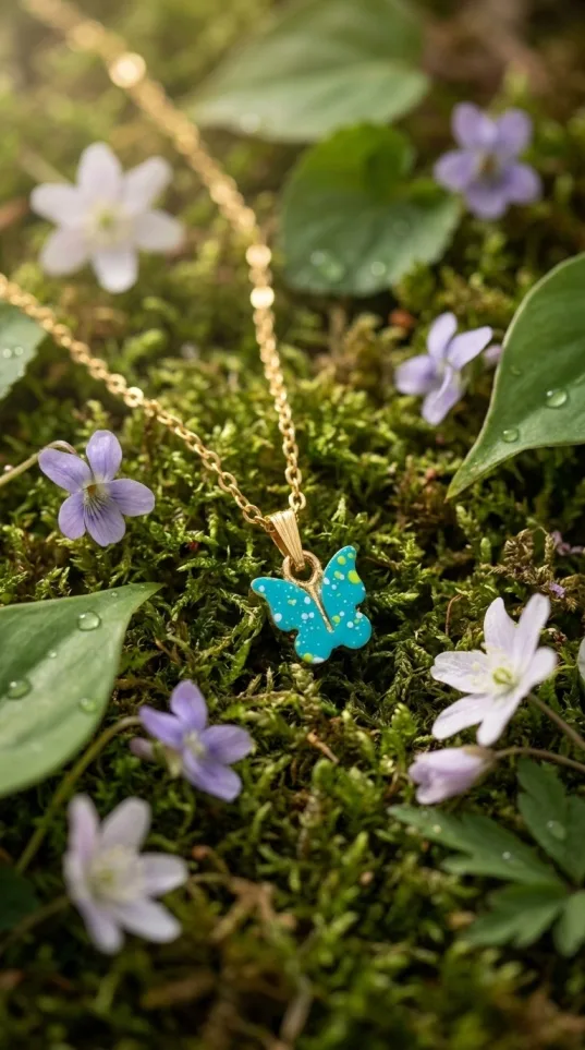 Gold-tone chain necklace with turquoise enamel butterfly pendant