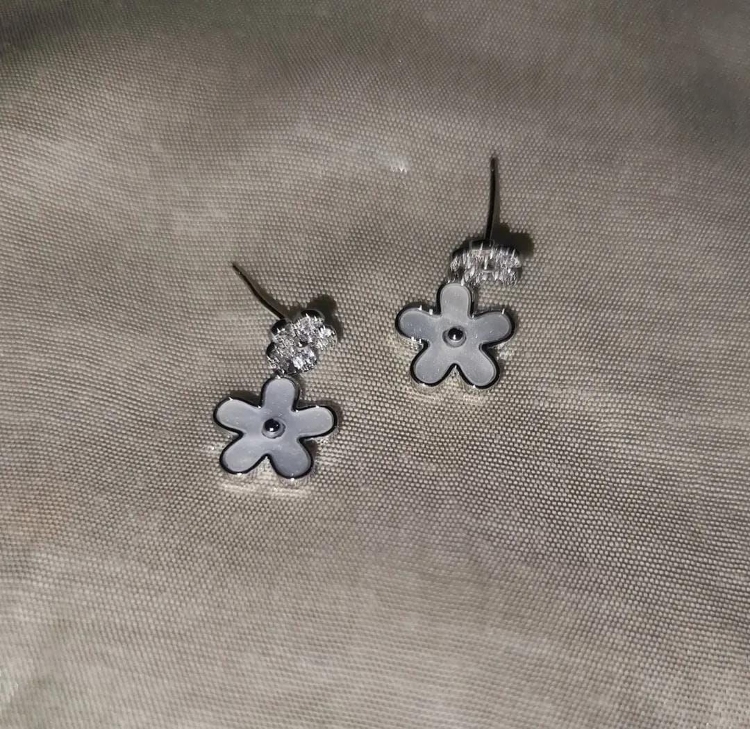 Silver floral drop earrings with crystal stud top and pearl-like flower design, elegant jewelry for women