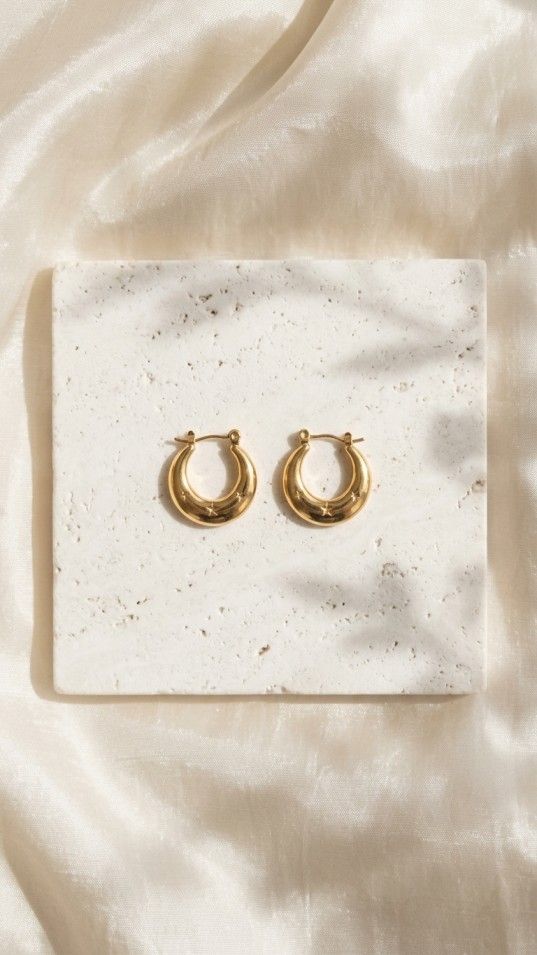 A pair of chunky gold-tone crescent-shaped huggie earrings with small stars engraved on the surface, resting on a shimmering white fabric background.