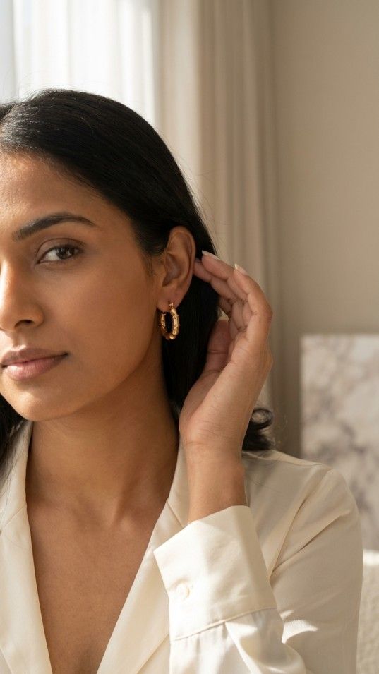 Golden Bamboo Hexagon Huggie Hoops - Thumbnail 2