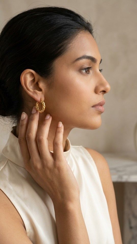 Gold Twisted Croissant Hoop Earrings - Thumbnail 2