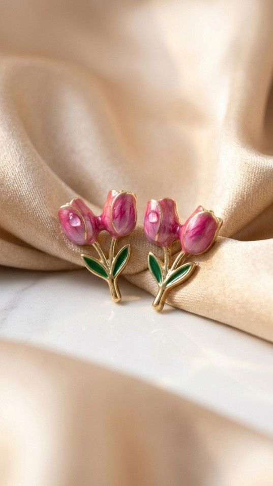 Vibrant Pink Enamel Tulip Double-Bud Stud Earrings - Thumbnail 2